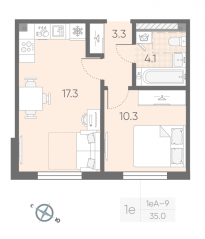 МЖК «Пулково Lake», планировка 1-комнатной квартиры, 35.00 м²