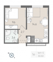 ЖК «Цветной город», планировка 1-комнатной квартиры, 30.50 м²