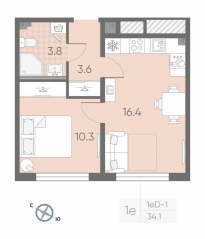 МЖК «Пулково Lake», планировка 1-комнатной квартиры, 34.10 м²