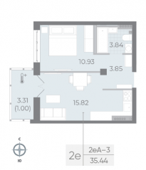 ЖК «Neva Residence», планировка 1-комнатной квартиры, 35.40 м²