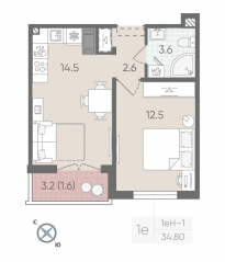 ЖК «Цветной город», планировка 1-комнатной квартиры, 34.80 м²