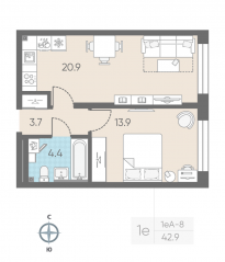 ЖК «ЛСР. Измайловский», планировка 1-комнатной квартиры, 42.90 м²