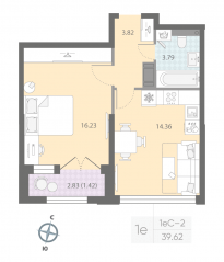 ЖК «Цивилизация на Неве», планировка 1-комнатной квартиры, 39.62 м²