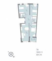 ЖК «Морская набережная. SeaView», планировка 3-комнатной квартиры, 89.74 м²