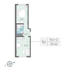 ЖК «Ручьи», планировка 1-комнатной квартиры, 32.00 м²