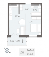 ЖК «Neva Residence», планировка 1-комнатной квартиры, 34.80 м²