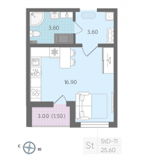 ЖК «Цветной город», планировка студии, 25.60 м²