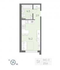 МЖК «Пулково Lake», планировка студии, 23.60 м²