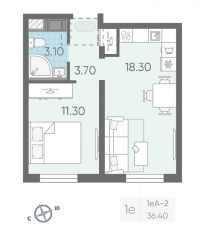ЖК «Октябрьская набережная», планировка 1-комнатной квартиры, 36.40 м²