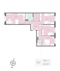 ЖК «Цивилизация на Неве», планировка 3-комнатной квартиры, 88.89 м²