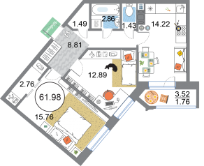 ЖК «Modum», планировка 2-комнатной квартиры, 61.98 м²