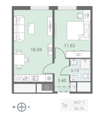 ЖК «Морская миля», планировка 1-комнатной квартиры, 36.74 м²