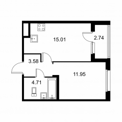 ЖК «Квартал Заречье», планировка 1-комнатной квартиры, 36.62 м²