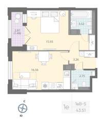 ЖК «Цивилизация на Неве», планировка 1-комнатной квартиры, 43.51 м²