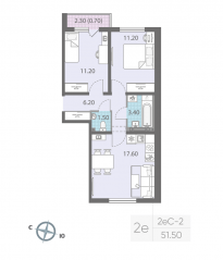 ЖК «ЛСР. Ржевский парк», планировка 2-комнатной квартиры, 51.50 м²