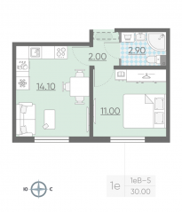 ЖК «ЛСР. Ржевский парк», планировка 1-комнатной квартиры, 30.00 м²
