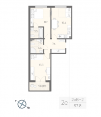 МЖК «Пулково Lake», планировка 2-комнатной квартиры, 57.80 м²