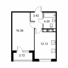 ЖК «Квартал Заречье», планировка 1-комнатной квартиры, 37.64 м²