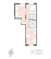 ЖК «Цивилизация на Неве», планировка 2-комнатной квартиры, 62.40 м²