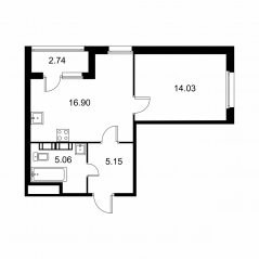 ЖК «Квартал Заречье», планировка 1-комнатной квартиры, 42.51 м²