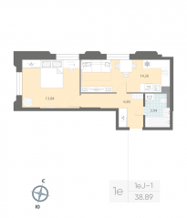 ЖК «Цивилизация на Неве», планировка 1-комнатной квартиры, 38.89 м²