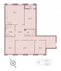 ЖК «Neva Haus», планировка 4-комнатной квартиры, 174.60 м²