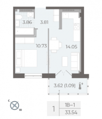 ЖК «Neva Residence», планировка 1-комнатной квартиры, 33.50 м²