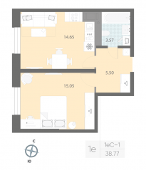 ЖК «Цивилизация на Неве», планировка 1-комнатной квартиры, 38.77 м²