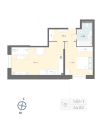 ЖК «Цивилизация на Неве», планировка 1-комнатной квартиры, 44.82 м²