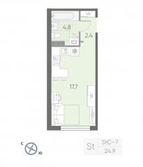 МЖК «Пулково Lake», планировка студии, 24.90 м²