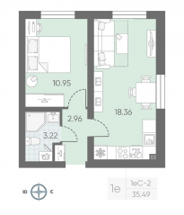 ЖК «Морская миля», планировка 1-комнатной квартиры, 35.60 м²
