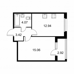 ЖК «Квартал Заречье», планировка 1-комнатной квартиры, 36.95 м²