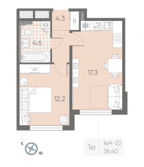 МЖК «Пулково Lake», планировка 1-комнатной квартиры, 38.40 м²