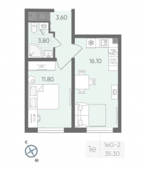 ЖК «Ручьи», планировка 1-комнатной квартиры, 35.30 м²