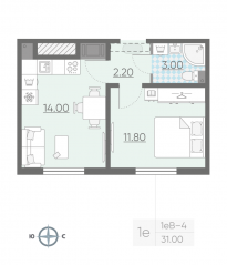 ЖК «ЛСР. Ржевский парк», планировка 1-комнатной квартиры, 31.00 м²