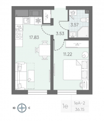 ЖК «Морская миля», планировка 1-комнатной квартиры, 36.28 м²