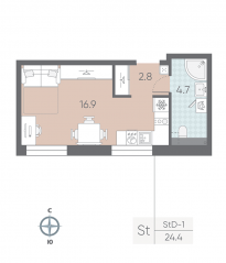 ЖК «ЛСР. Большая Охта», планировка студии, 24.40 м²