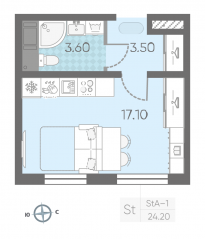 ЖК «ЛСР. Ржевский парк», планировка студии, 24.20 м²