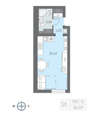 ЖК «Морская миля», планировка студии, 26.42 м²