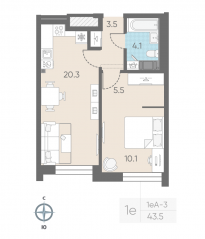 ЖК «ЛСР. Измайловский», планировка 1-комнатной квартиры, 43.50 м²