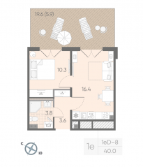 МЖК «Пулково Lake», планировка 1-комнатной квартиры, 40.00 м²