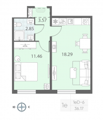 ЖК «Морская миля», планировка 1-комнатной квартиры, 36.17 м²