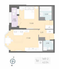 ЖК «Цивилизация на Неве», планировка 1-комнатной квартиры, 42.04 м²