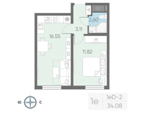 ЖК «Морская миля», планировка 1-комнатной квартиры, 34.08 м²