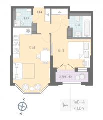 ЖК «Цивилизация на Неве», планировка 1-комнатной квартиры, 41.04 м²