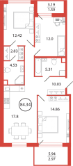 ЖК «Энфилд», планировка 3-комнатной квартиры, 84.34 м²