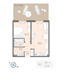 МЖК «Пулково Lake», планировка 1-комнатной квартиры, 43.80 м²