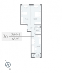 ЖК «Neva Residence», планировка 2-комнатной квартиры, 64.50 м²