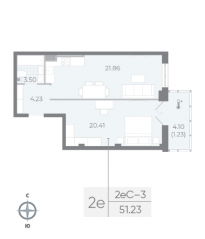 ЖК «Neva Residence», планировка 1-комнатной квартиры, 51.80 м²