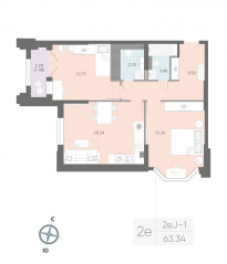 ЖК «Цивилизация на Неве», планировка 2-комнатной квартиры, 63.34 м²